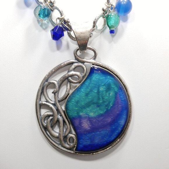 Chico’s Silver Tone Necklace Blue Teal Purple Pendant Iridescent Beads 20" - Picture 2 of 9